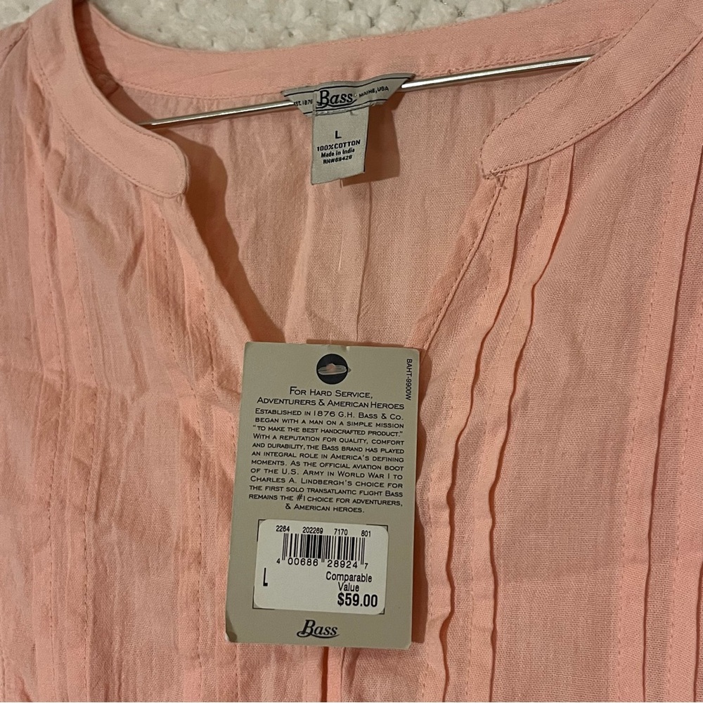 Bass Peach-Pink Pintuck Lace Peasant Blouse Cottagecore lightweight Large NWT - Picture 2 of 6